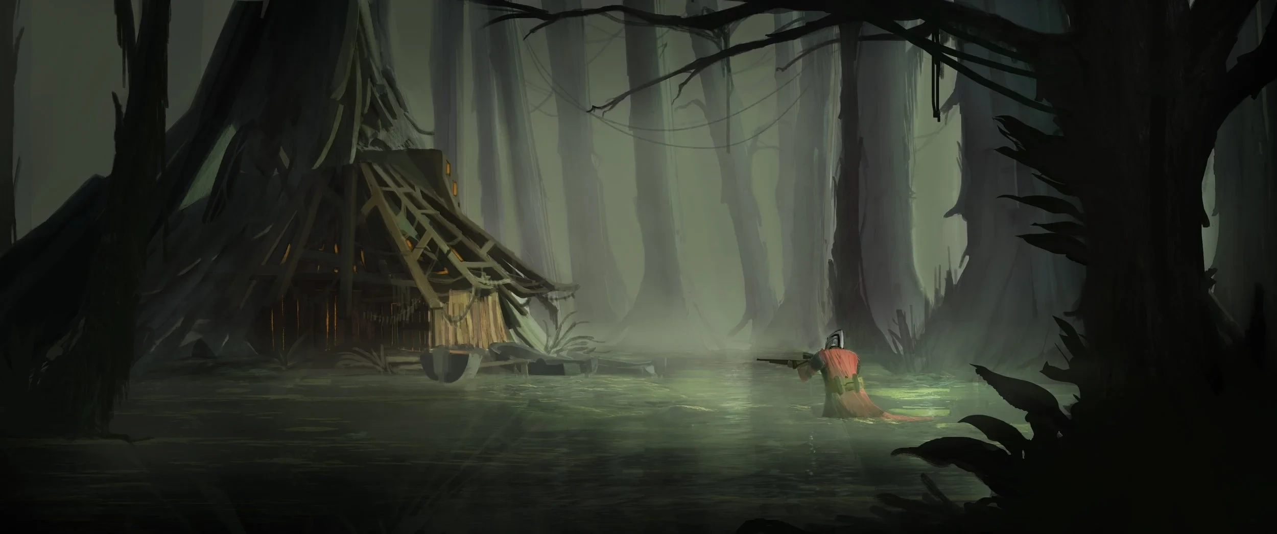 Baba Jaga, a hand-painted swamp scene by Najim Filali Saksak
