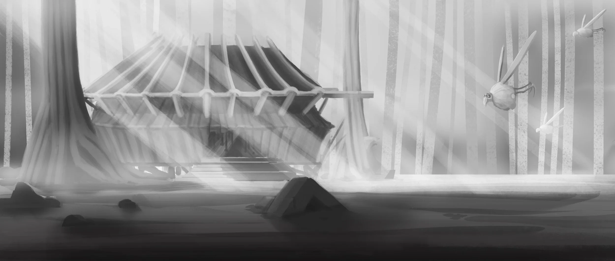 Black-and-white forest concept sketch by Najim Filali Saksak