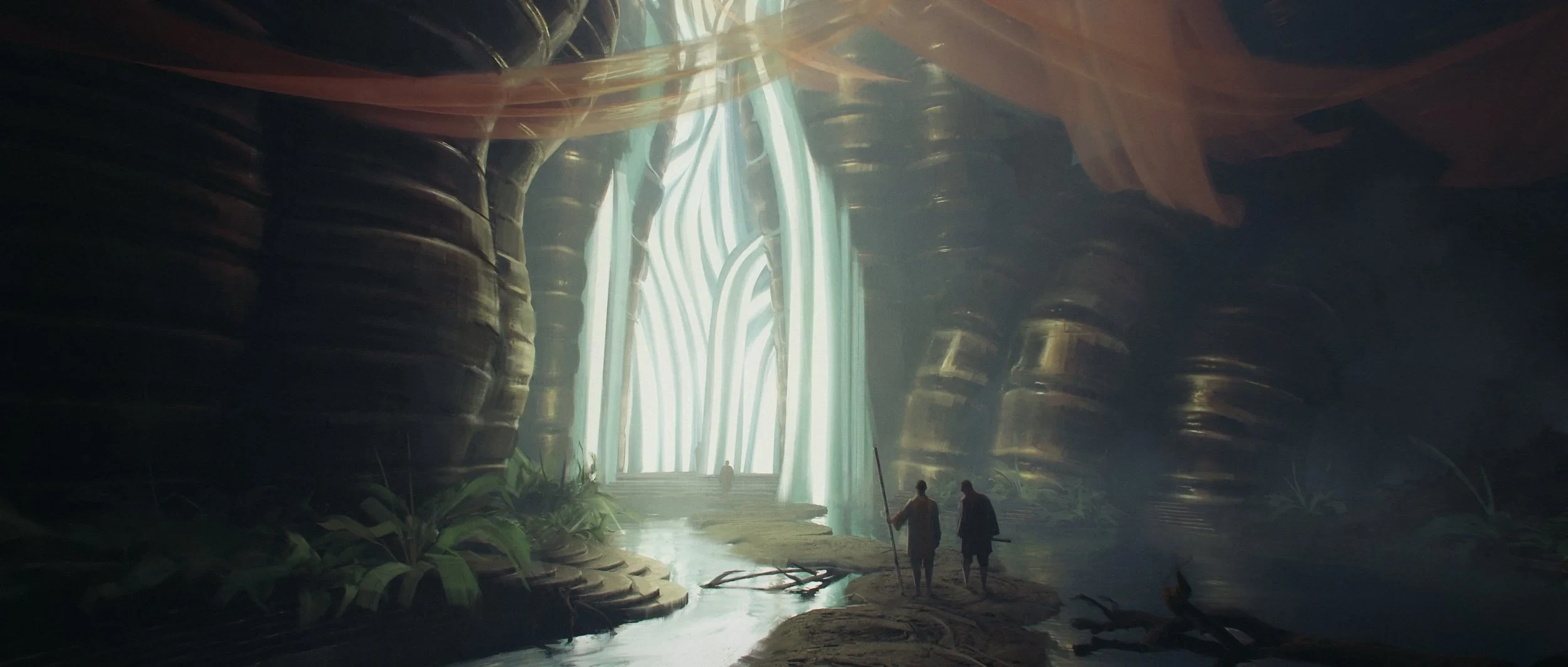 A lit gateway of pale stone deep in a cavern, two travellers approaching
