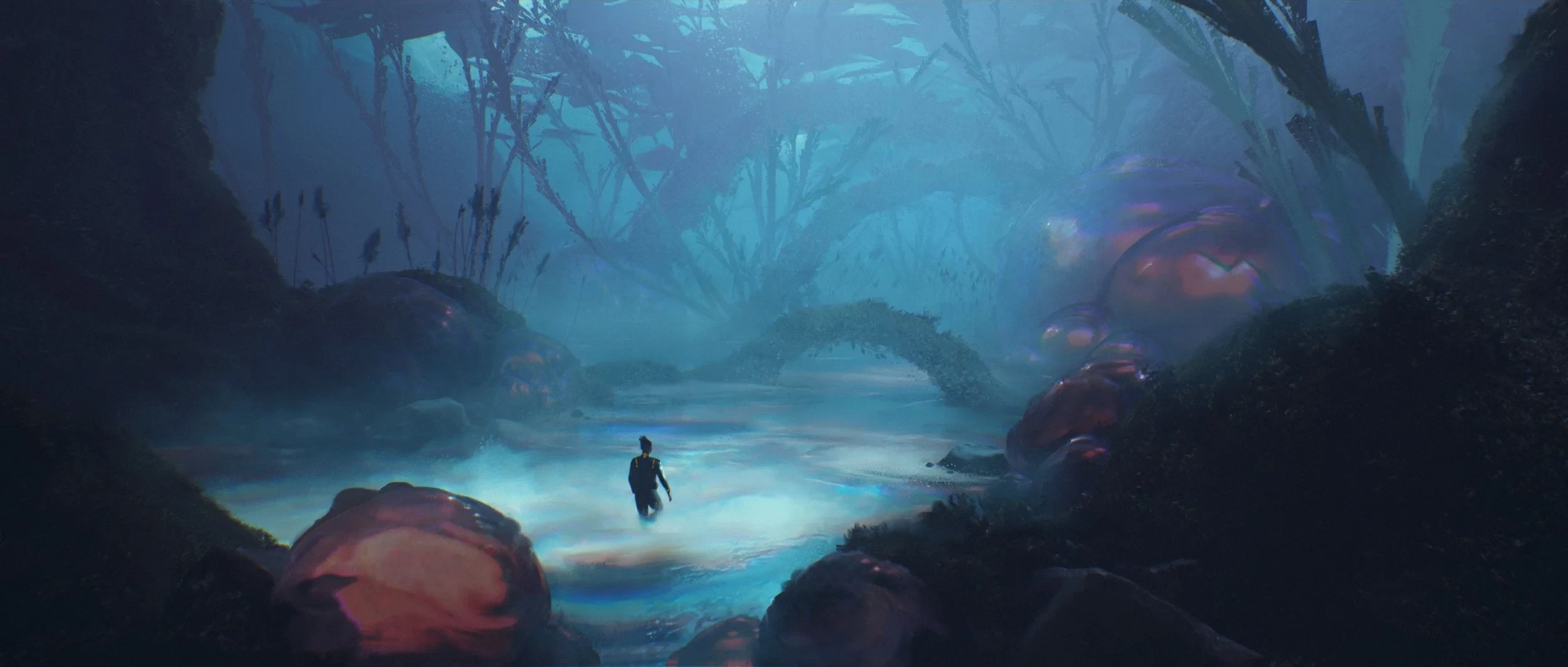 A lone figure wading a bioluminescent blue forest river at night