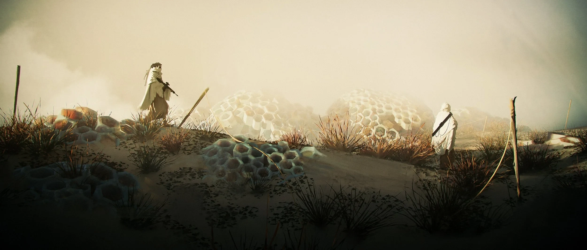 Two cloaked figures crossing a fog-bleached desert of honeycomb domes