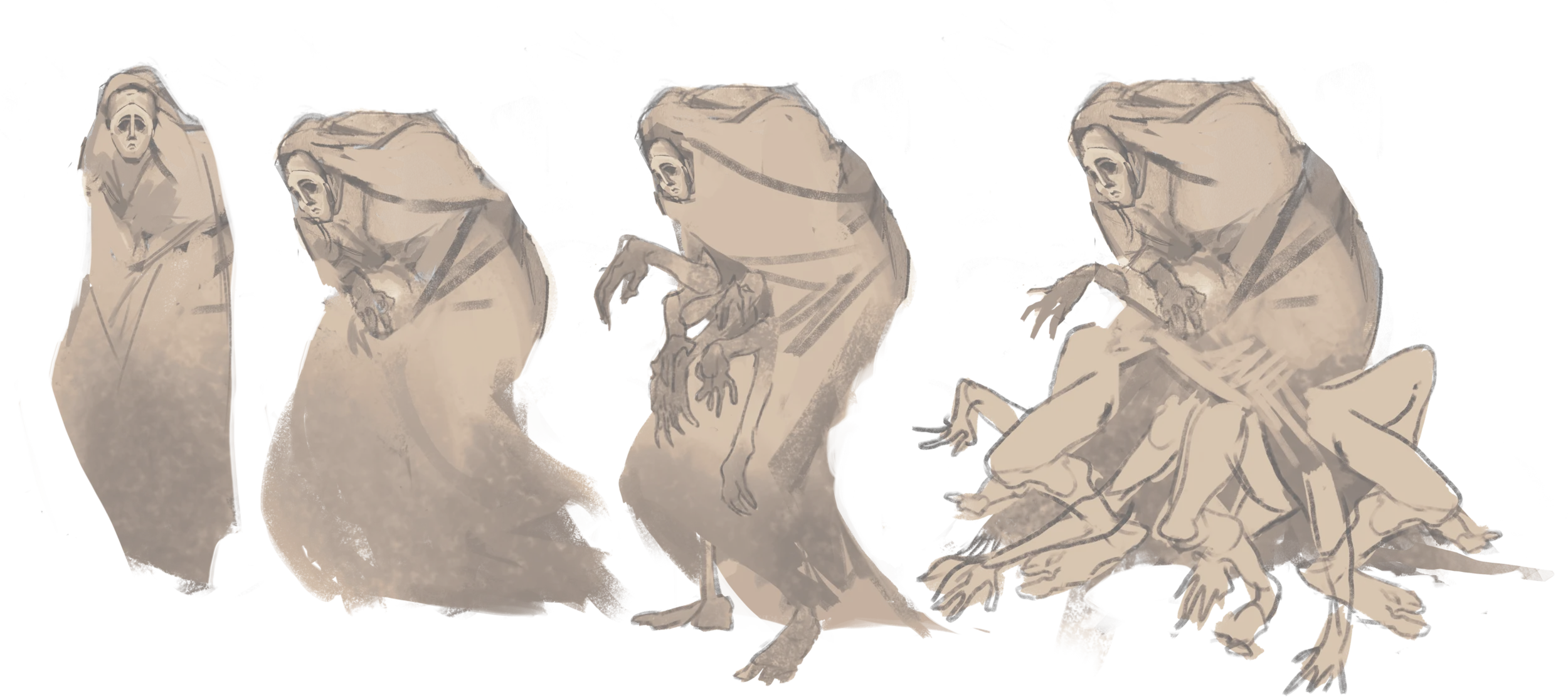 Four sketches of the Djinn, a hunched, shrouded creature with a pale mask-like face