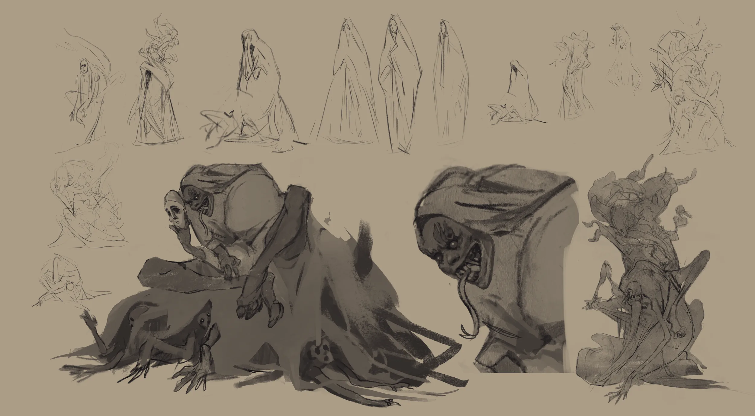 A sheet of Djinn sketches: shrouded standing figures, a hunched creature holding a pale mask, and a close-up of its open, tongued mouth